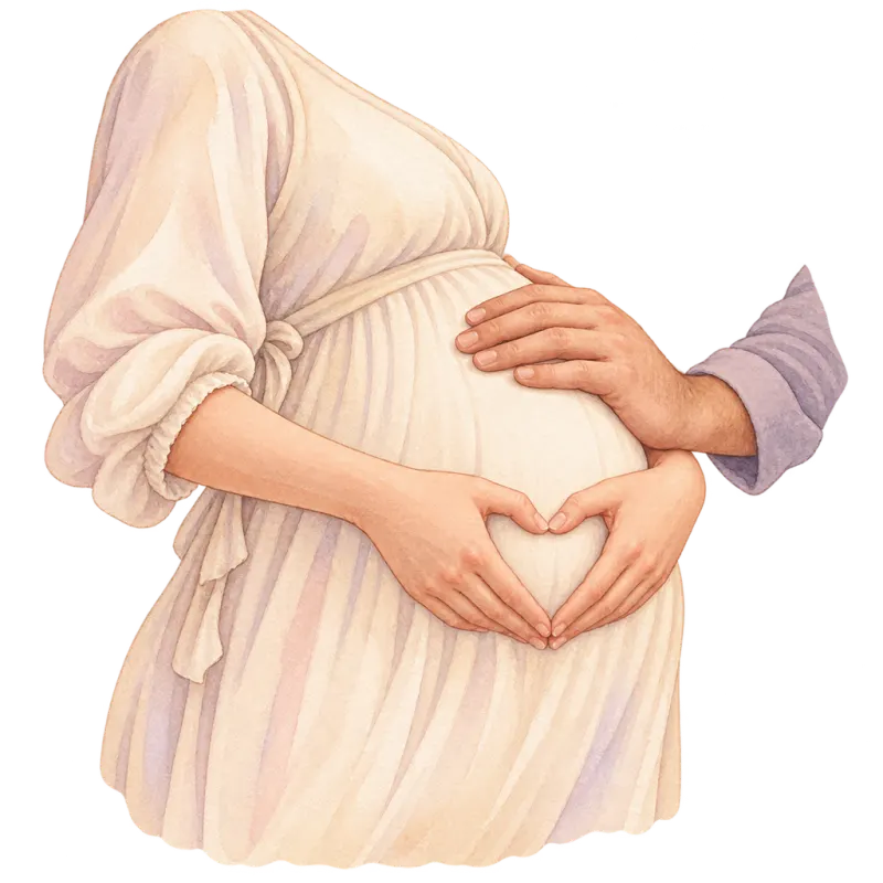Watercolor of hands resting on a pregnant belly